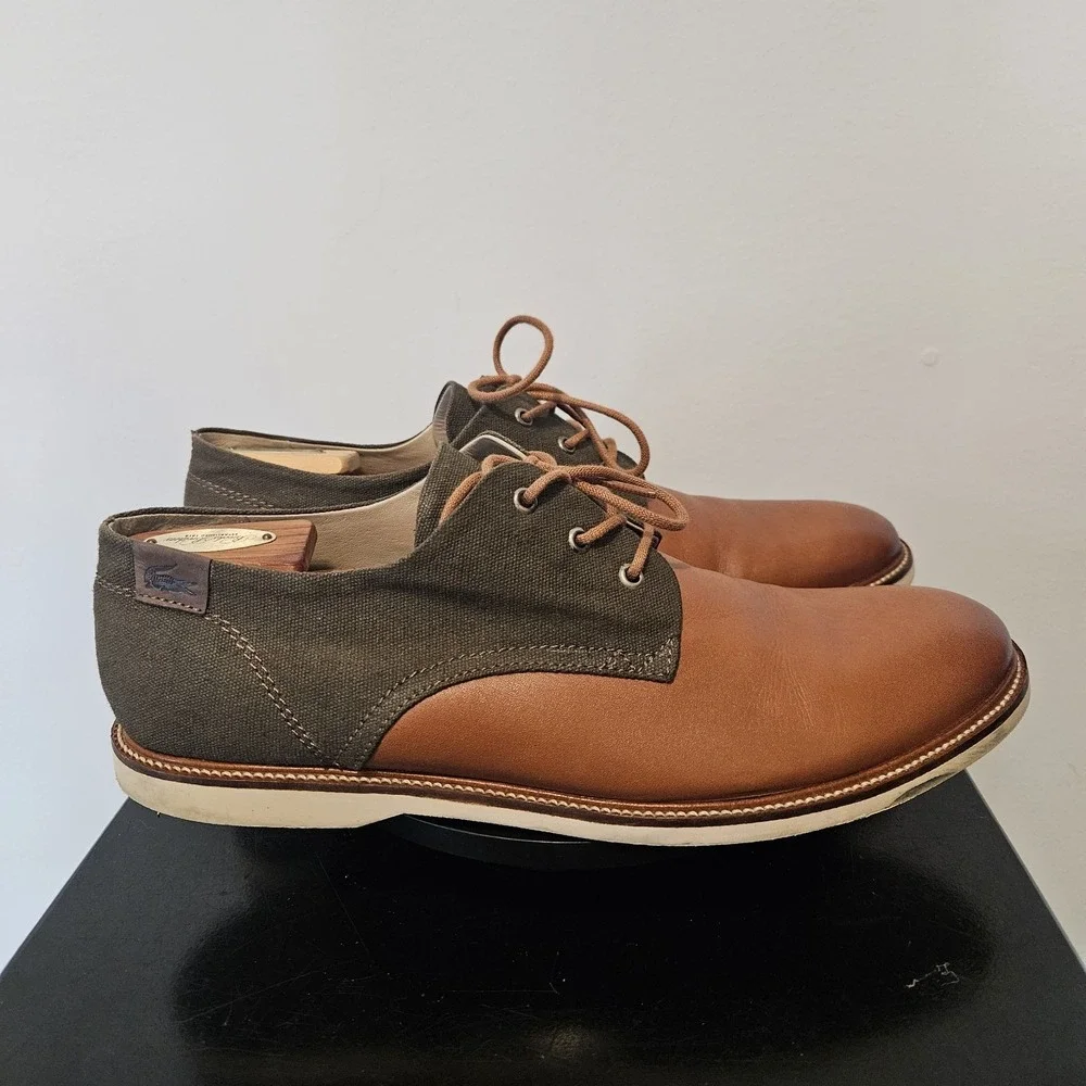 Lacoste Men's Sherbrooke Oxford Leather Canvas Brown Shoes Size 12
